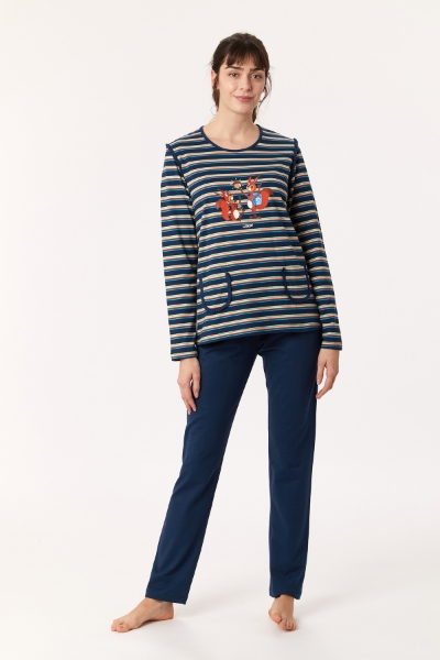 Resim Kadın Pijama-Plg - 911-Sincap Temalı Çok Renkli Lacivert