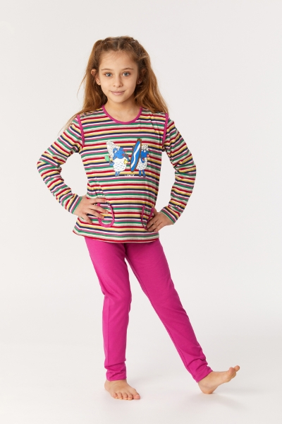 Resim 10-16 Yaş Kız Çocuk Pijama-Plg - 921-Koyun Temalı Çok Renkli Çizgili Fuşya