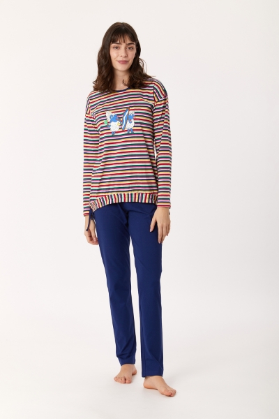 Resim Kadın Pijama-Bsl - 921-Koyun Temalı Çok Renkli Çizgili Fuşya