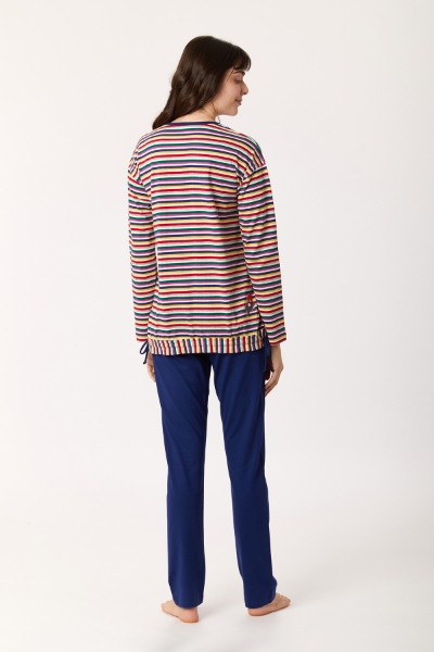 Resim Kadın Pijama-Bsl - 921-Koyun Temalı Çok Renkli Çizgili Fuşya