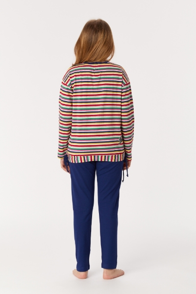 Resim 2-8 Yaş Kız Çocuk Pijama-Bsl - 921-Koyun Temalı Çok Renkli Çizgili Fuşya