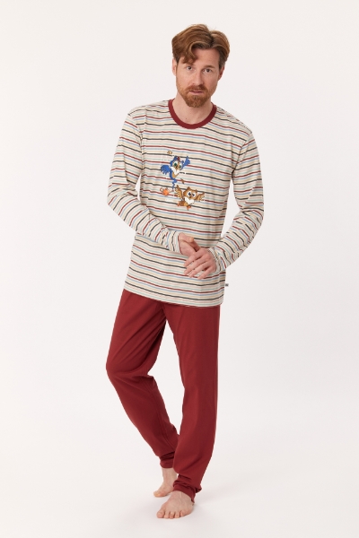 Resim Erkek Pijama-Pls - 931-Baykuş Temalı Çok Renkli Çizgili Ekru