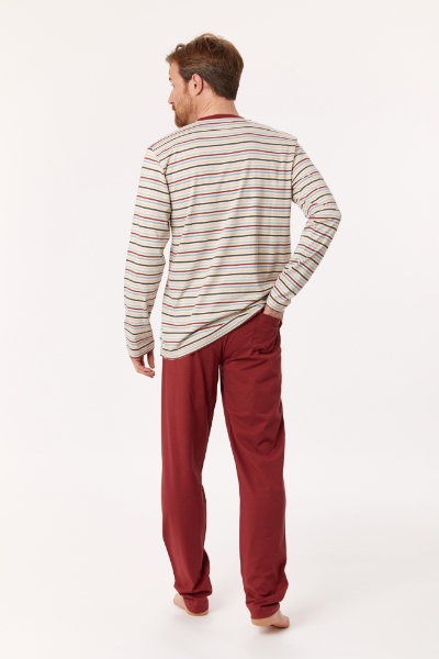 Resim Erkek Pijama-Pls - 931-Baykuş Temalı Çok Renkli Çizgili Ekru