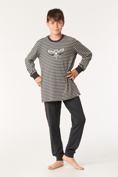 Resim 10-16 Yaş Erkek Çocuk Pijama-Qtr - 935-Baykuş Temalı Çizgili Antrasit