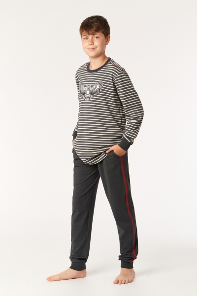 Resim 2-8 Yaş Erkek Çocuk Pijama-Qtr - 935-Baykuş Temalı Çizgili Antrasit