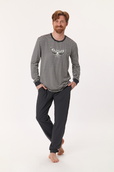 Resim Erkek Pijama-Qtr - 935-Baykuş Temalı Çizgili Antrasit