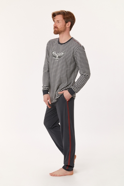 Resim Erkek Pijama-Qtr - 935-Baykuş Temalı Çizgili Antrasit