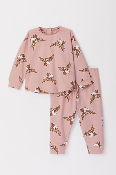 Resim Pamuklu Kız Bebek Pijama-Pzg - 932-Baykuş Baskılı Vizon Pembe