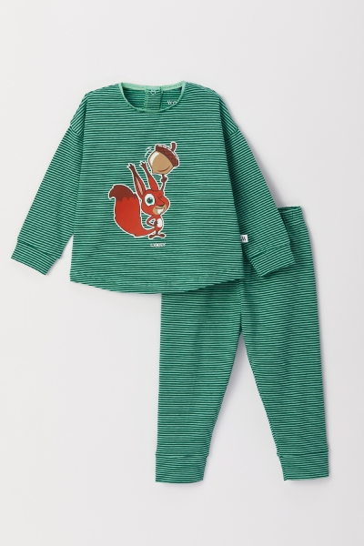 Resim Pamuklu Kız Bebek Pijama-Pzg - 915-Sincap Temalı Çizgili Yeşil