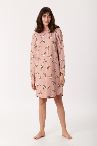 Resim Kadın Gecelik-Dzf - 932-Baykuş Baskılı Vizon Pembe