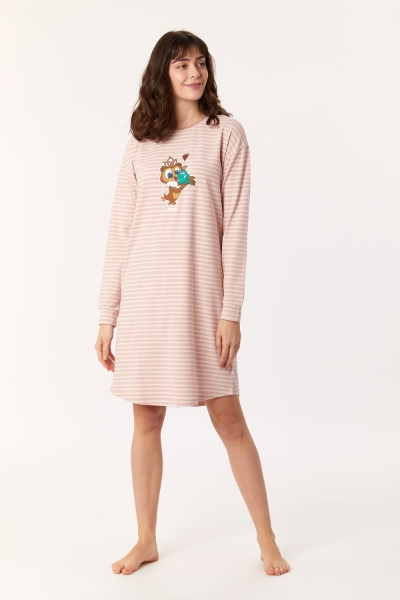 Resim Kadın Gecelik-Dzf - 936-Baykuş Temalı Çizgili Pembe