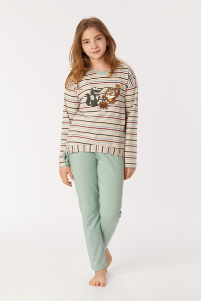 Resim 10-16 Yaş Kız Çocuk Pijama-Bsl - 931-Baykuş Temalı Çok Renkli Çizgili Ekru