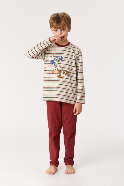 Resim 2-8 Yaş Erkek Çocuk Pijama-Pls - 931-Baykuş Temalı Çok Renkli Çizgili Ekru
