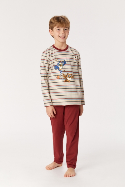 Resim 10-16 Yaş Erkek Çocuk Pijama-Pls - 931-Baykuş Temalı Çok Renkli Çizgili Ekru