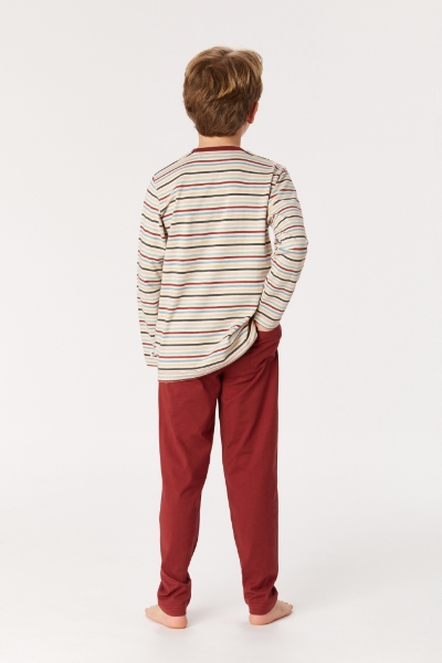 Resim 10-16 Yaş Erkek Çocuk Pijama-Pls - 931-Baykuş Temalı Çok Renkli Çizgili Ekru