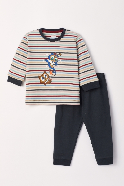 Resim Pamuklu Erkek Bebek Pijama-Plc - 931-Baykuş Temalı Çok Renkli Çizgili Ekru