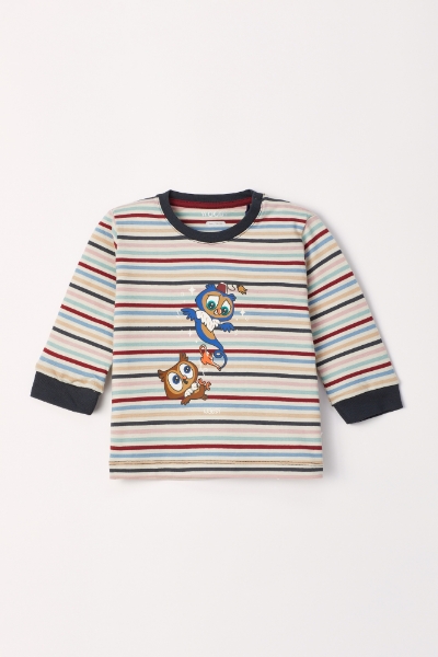 Resim Pamuklu Erkek Bebek Pijama-Plc - 931-Baykuş Temalı Çok Renkli Çizgili Ekru