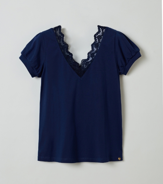 Resim V yaka dantel detaylı pijama takımı-Lpq - 878-Kozmik Lacivert