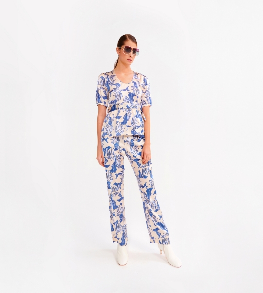 Resim Beli büzgülü viskoz saten pijama takımı-Lpp - 956-Mavi Beyaz Desenli