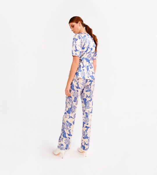 Resim Beli büzgülü viskoz saten pijama takımı-Lpp - 956-Mavi Beyaz Desenli