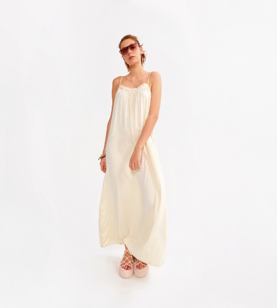 İnce askılı viskoz elbise-Lng - 112-Ekru 