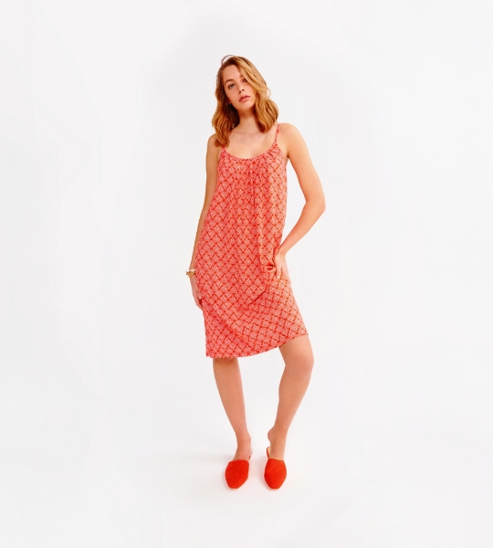 Resim Askılı büzgü detaylı elbise-Lde - 956-Kırmızı Puantiyeli