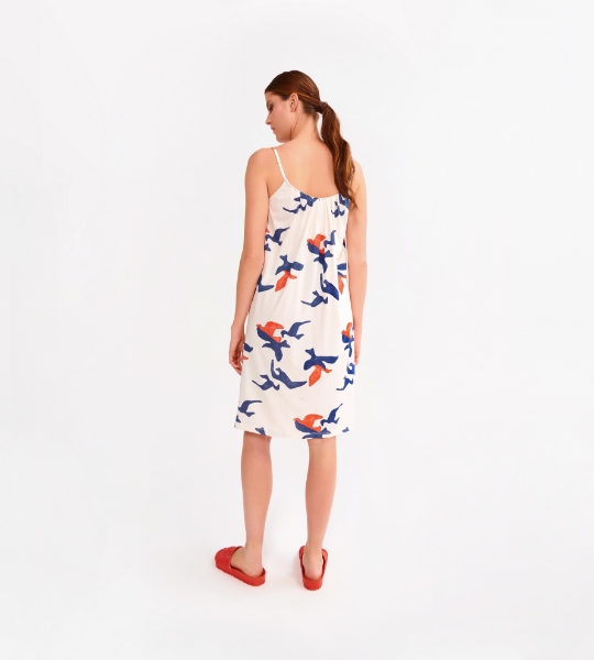 Resim Askılı büzgü detaylı elbise-Lde - 975-Uçan Kuşlar