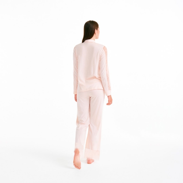 Resim Dantel detaylı önden düğmeli pijama takım-Lpg - 405-Şeftali Pembesi