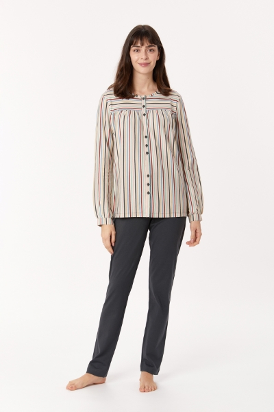 Resim Kadın Pijama-Pıl - 931-Baykuş Temalı Çok Renkli Çizgili Ekru