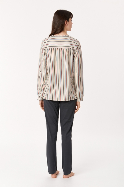 Resim Kadın Pijama-Pıl - 931-Baykuş Temalı Çok Renkli Çizgili Ekru