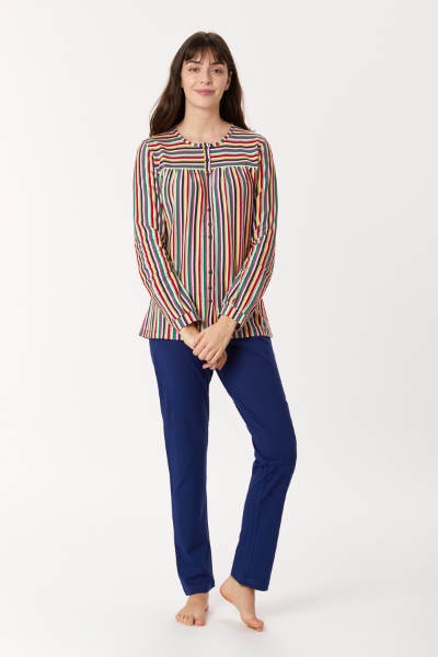 Resim Kadın Pijama-Pıl - 921-Koyun Temalı Çok Renkli Çizgili Fuşya