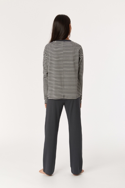 Resim 2-8 Yaş Kız Çocuk Pijama-Ypa - 935-Baykuş Temalı Çizgili Antrasit