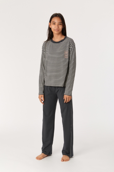 Resim 10-16 Yaş Kız Çocuk Pijama-Ypa - 935-Baykuş Temalı Çizgili Antrasit