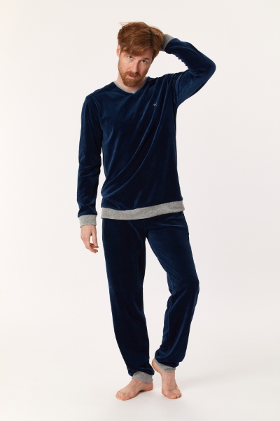 Resim Kadife Erkek Pijama-Mvl - 883-Kobalt Mavi