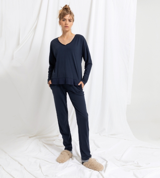 Resim V yaka plise detaylı bluz-Xla - 863-Blazer Mavisi