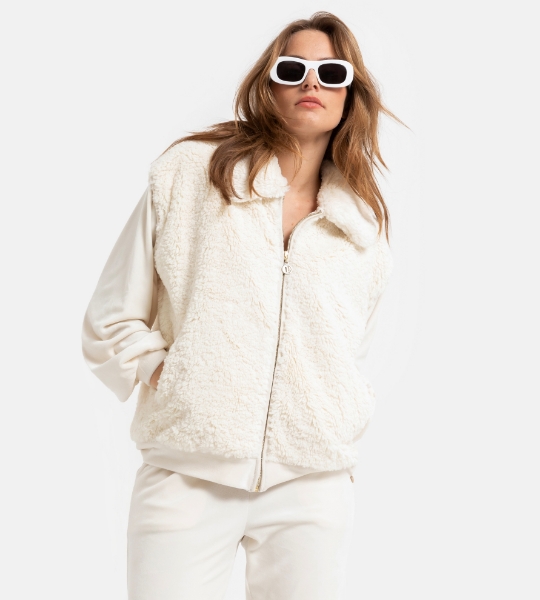 Resim Kürk detaylı kadife bomber ceket-Thg - 169-Vanilya Rengi