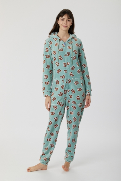 Resim Kadife Unisex Tulum-One - 910-Baykuş Baskılı Mavi