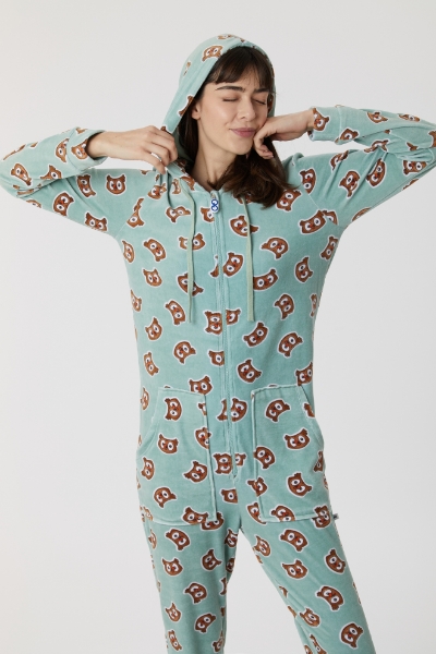 Resim Kadife Unisex Tulum-One - 910-Baykuş Baskılı Mavi