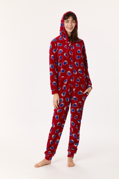 Resim Kadife Unisex Tulum-One - 908-Koyun Baskılı Kırmızı