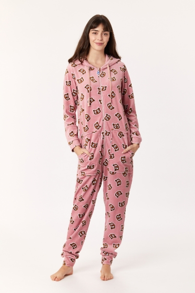 Resim Kadife Unisex Tulum-One - 913-Baykuş Baskılı Vizon Pembe