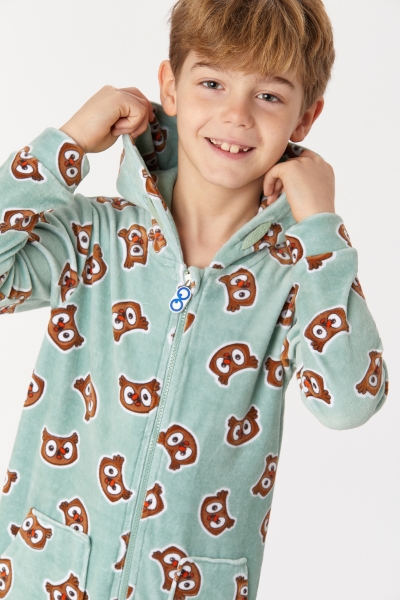 Resim 10-16 Yaş Kadife Unisex Tulum-One - 910-Baykuş Baskılı Mavi