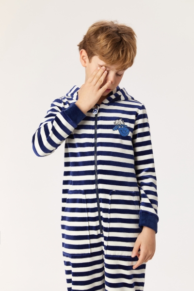 Resim Kadife Unisex Tulum-One - 928-Koyun Temalı Çizgili Lacivert