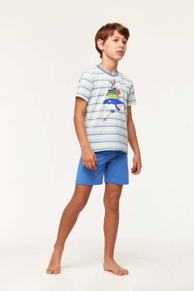 2-8 Yaş Erkek Çocuk Pijama-Pss - 904-Balina Temalı Çizgili Mavi