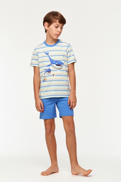Resim 2-8 Yaş Erkek Çocuk Pijama-Pus - 904-Balina Temalı Çizgili Mavi