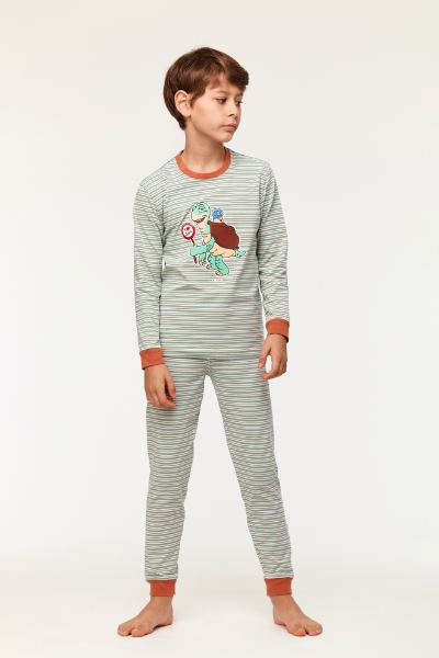 Resim 2-8 Yaş Erkek Çocuk Pijama-Plc - 914-Kaplumbağa Temalı Çizgili Turuncu