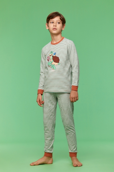 Resim 10-16 Yaş Erkek Çocuk Pijama-Plc - 914-Kaplumbağa Temalı Çizgili Turuncu