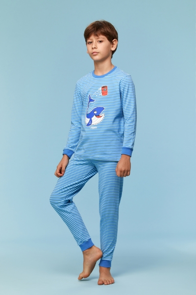 Resim 10-16 Yaş Erkek Çocuk Pijama-Plc - 913-Balina Temalı Çizgili Mavi
