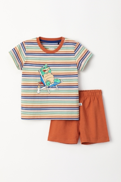 Resim Pamuklu Erkek Bebek Pijama-Pss - 906-Kaplumbağa Temalı Çizgili Turuncu