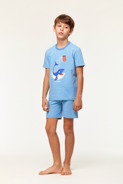 Resim 2-8 Yaş Erkek Çocuk Pijama-Pza - 913-Balina Temalı Çizgili Mavi