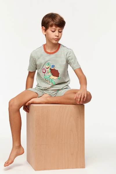 10-16 Yaş Erkek Çocuk Pijama-Pza - 914-Kaplumbağa Temalı Çizgili Turuncu